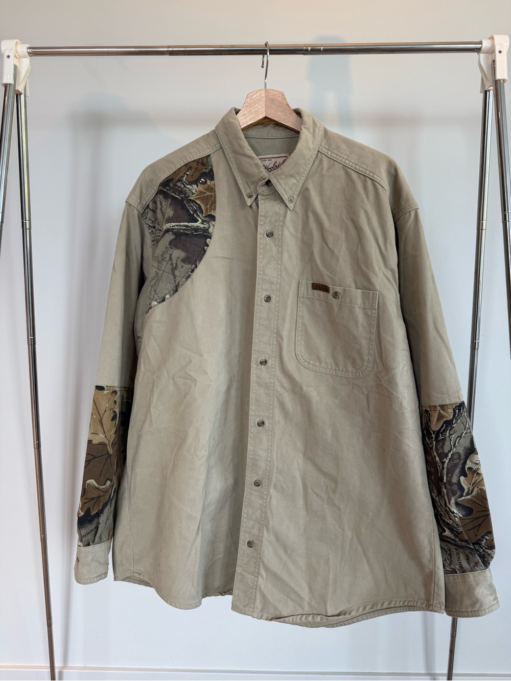 Woolrich Men's Button-Up Shirt in Beige with Camo Trim